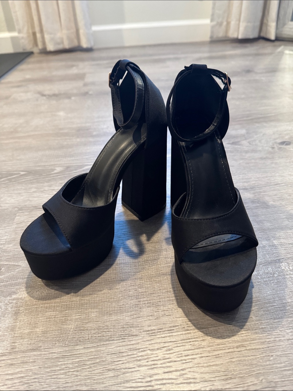 Black Platform Block Heel Ankle Strap Sandals Size 6